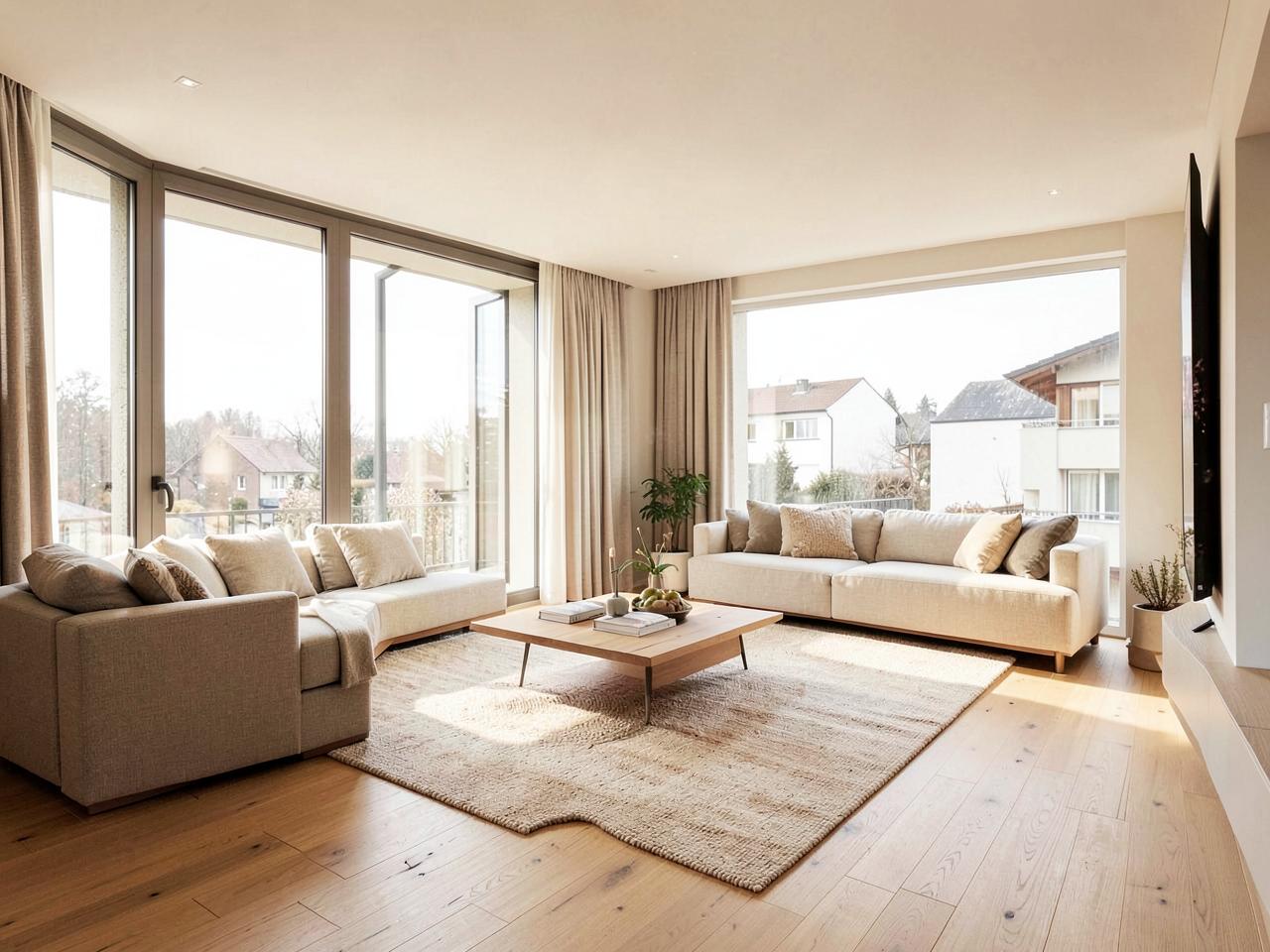 Séjour lumineux d'un appartement à Lausanne avec grandes fenêtres